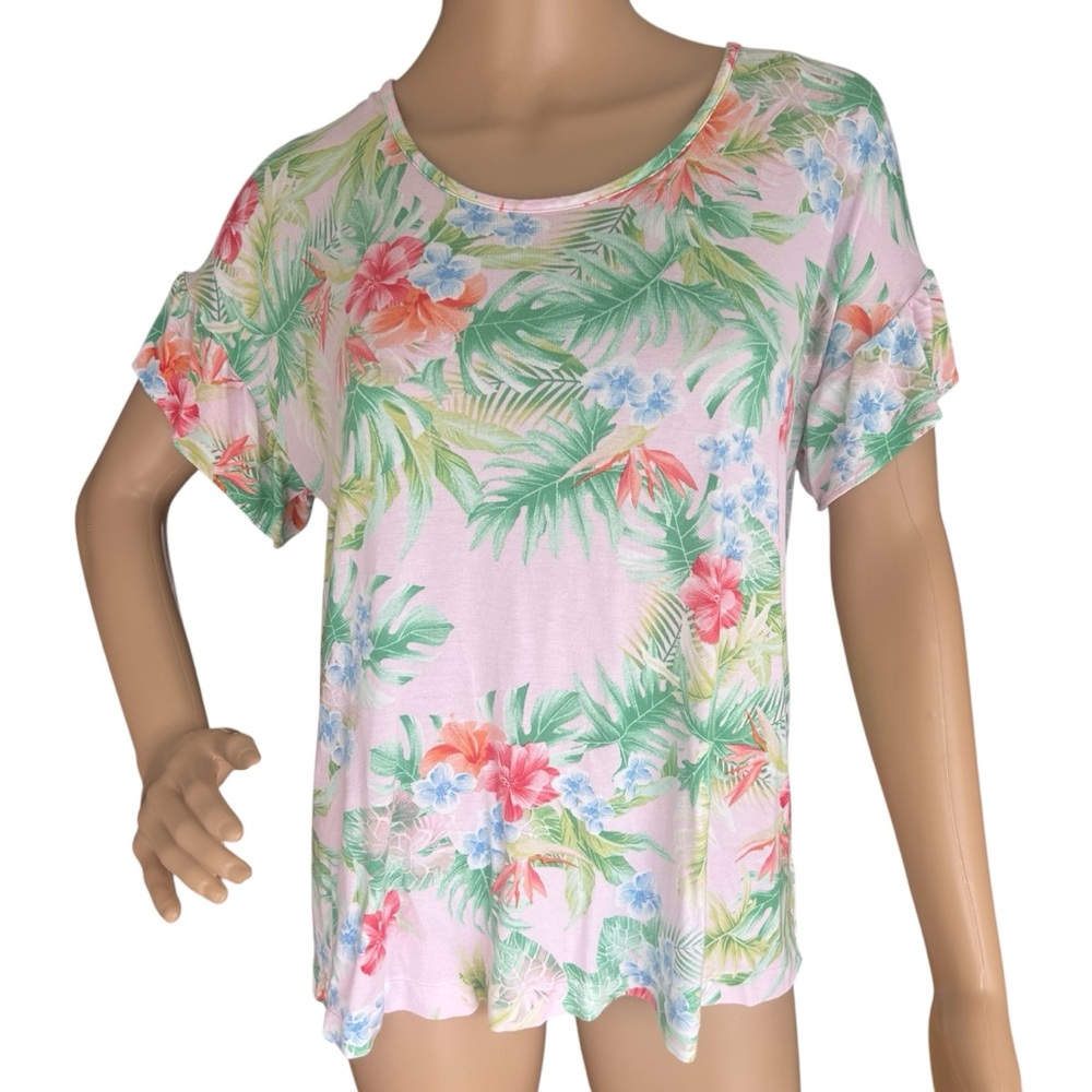 Tommy Bahama Tropical Floral Rayon Spandex Top Pink Green Size Large